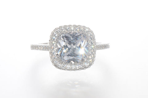 Sterling Silver CZ Ring 9mm Square Princess Cut Center Stone with Accent Stones - Jewelryland.com