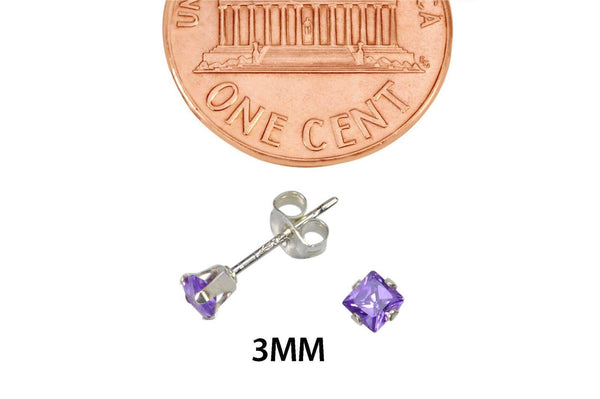 Sterling Silver Square Purple CZ Cubic Zironia Stud Earrings February Birthstone - Jewelryland.com
