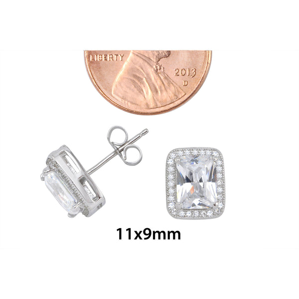 Sterling Silver Rectangle Halo Cubic Zirconia Stud Earrings Micropave 11mm x 9mm - Jewelryland.com