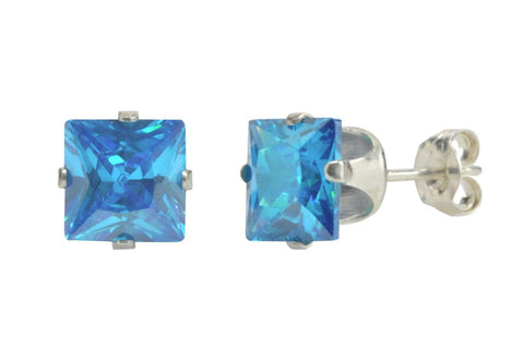 Blue Topaz CZ Square Studs December Birthstone Prong Earrings Sterling Silver - Jewelryland.com