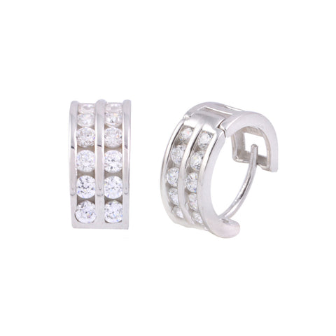 Huggie Hoop Earrings Sterling Silver 2 Row Cubic Zirconia 13mm x 6mm - Jewelryland.com