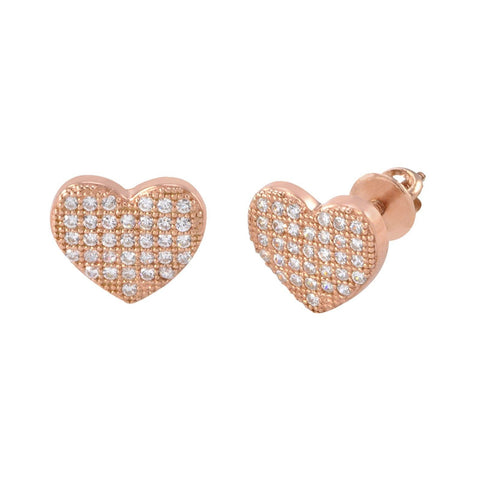 Heart Earrings Screwback Studs Sterling Silver Rose Gold 8mm Micropave CZ - Jewelryland.com