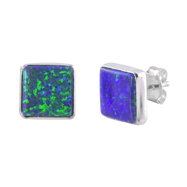 Opal Gemstone Stud Earrings Navy Blue Green Sterling Silver 9mm Square - Jewelryland.com
