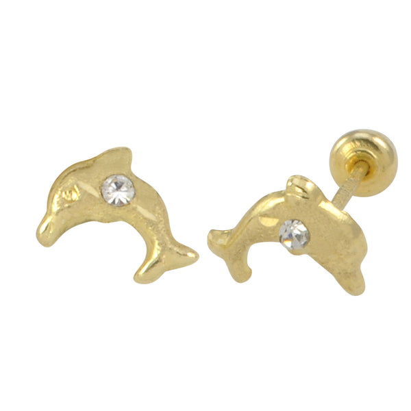 Mini Dolphin with CZ Stud Earrings 10k Yellow Gold with Screwbacks 6x5 - Jewelryland.com