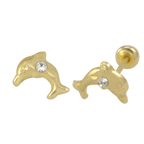Mini Dolphin with CZ Stud Earrings 10k Yellow Gold with Screwbacks 6x5 - Jewelryland.com