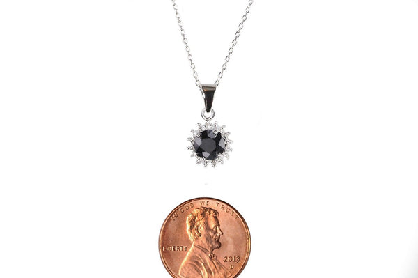 Sterling Silver Diamond (.04ct) and Dark Sapphire (.93ct) Round Pendant Necklace - Jewelryland.com