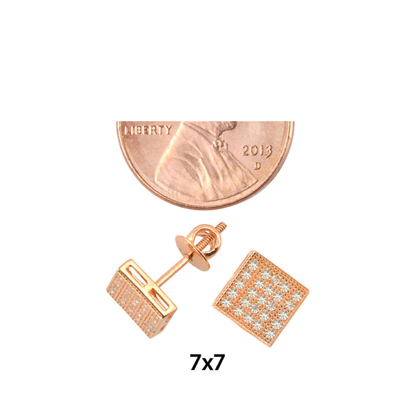 Sterling Silver Screw Back Earrings Rose Gold Plated Pave CZ Studs 7mm Square - Jewelryland.com