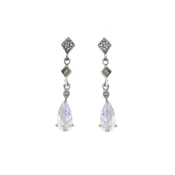Sterling Silver Dangle Marcasite Earrings and Clear CZ Cubic Zirconia Teardrop - Jewelryland.com