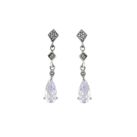 Sterling Silver Dangle Marcasite Earrings and Clear CZ Cubic Zirconia Teardrop - Jewelryland.com