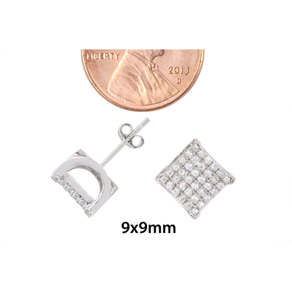 Sterling Silver Micropave Stud Earrings Square with Flair Cubic Zirconia 9mm - Jewelryland.com