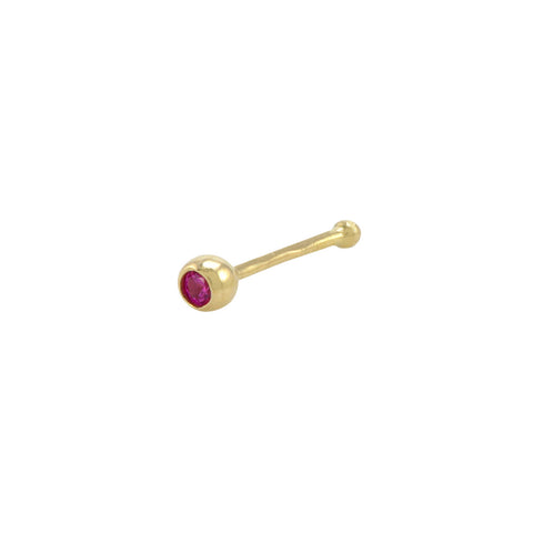 14k Yellow Gold Tiny Nose Stud 22G 2.5mm Red Round CZ Bezel Set Nose Bone - Jewelryland.com