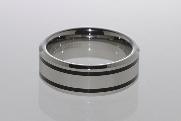 Mens Tungsten Ring 8mm Wide Band Double Black Line - Jewelryland.com