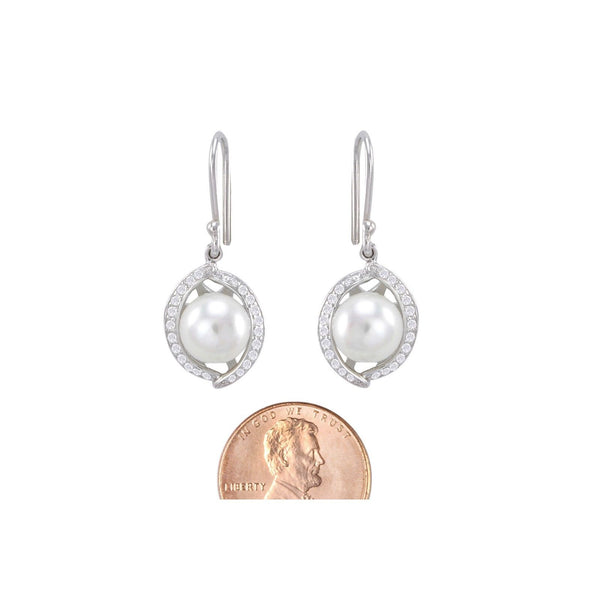 925 Sterling Silver White Freshwater Pearl Dangle Earrings w/ Glitzy CZ Frame - Jewelryland.com