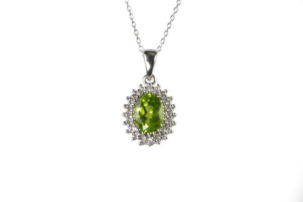 Sterling Silver Oval Peridot and .01ct Diamond Necklace, 18 Inch Chain
