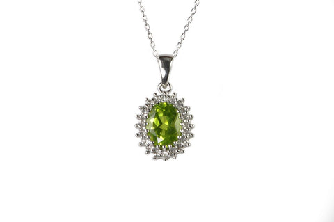 Sterling Silver Oval Peridot and .01ct Diamond Necklace, 18 Inch Chain
