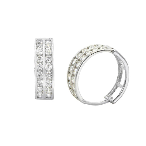 Sterling Silver Huggie Hoop Earrings 2 Row Cubic Zirconia 16mm x 5mm - Jewelryland.com