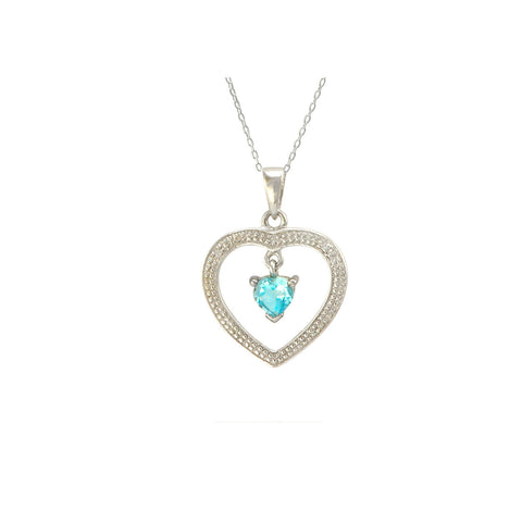 Sterling Silver Blue Topaz and Diamond Open Heart Necklace (.01 cttw, I-J, I2) - Jewelryland.com