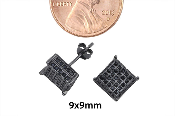 Sterling Silver Black CZ Micropave Stud Earrings 3d Square 9mm x 9mm - Jewelryland.com