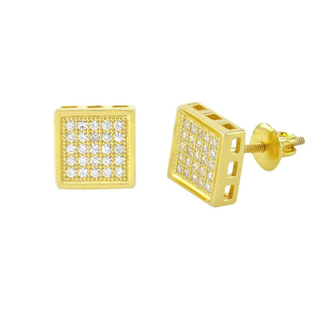 Screw Back Earrings Yellow Gold Plated Micropave CZ Cubic Zirconia 8mm Square - Jewelryland.com