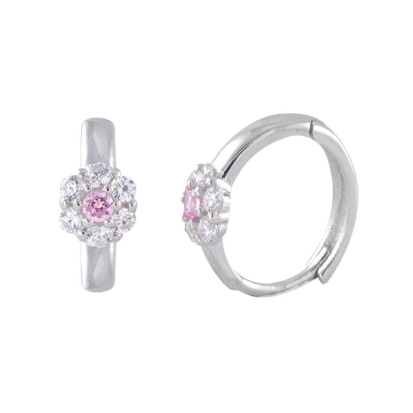 Sterling Silver Huggie Earrings Mini Flower CZ Birthstone Colors Hinged Hoops - Jewelryland.com