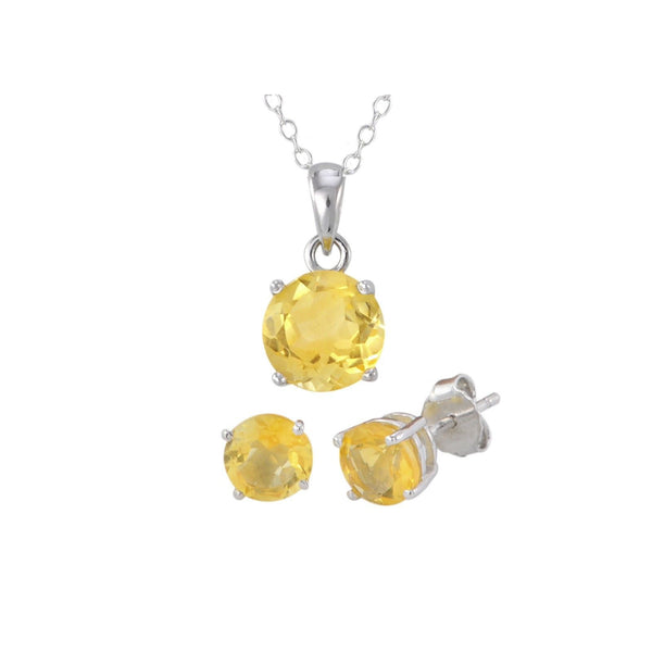 925 Sterling Silver Citrine Gemstone Pendant Necklace and Earrings Set Yellow - Jewelryland.com