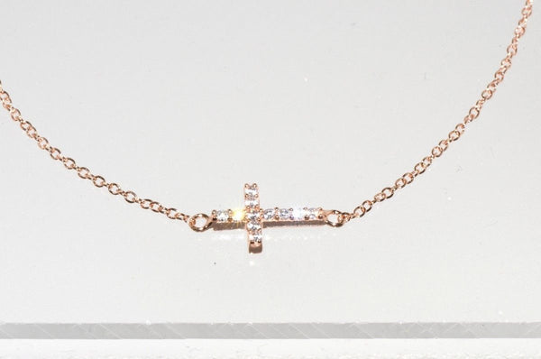 925 Silver Rose Gold Plated Sideway Cross Necklace Cubic Zirconia, 16.5" - Jewelryland.com