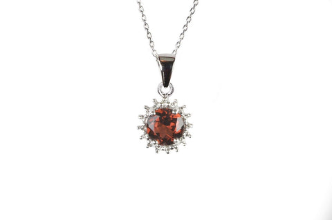 Sterling Silver Diamond (.04ct) and Garnet (6mm,.95ct) Round Pendant Necklace - Jewelryland.com