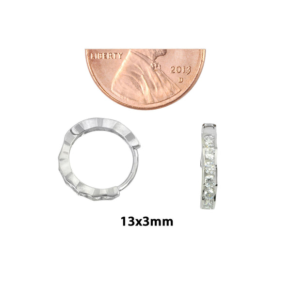 Sterling Silver Hoop Earrings 1 Row Cubic Zirconia Fancy Setting 13mm x 3mm - Jewelryland.com