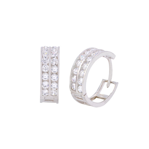 Hoop Earrings CZ Huggies Sterling Silver 2 Row Cubic Zirconia 18mm x 6mm - Jewelryland.com