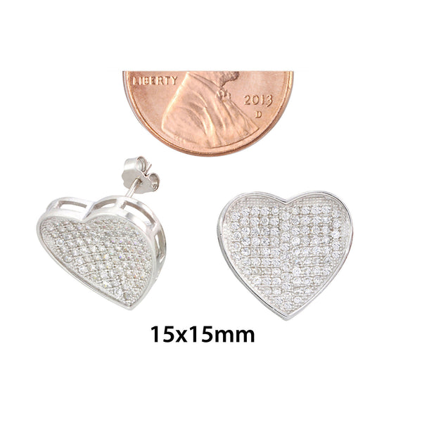 Sterling Silver Large Heart Earrings Micropave Studs Clear Cubic Zirconia 15mm - Jewelryland.com