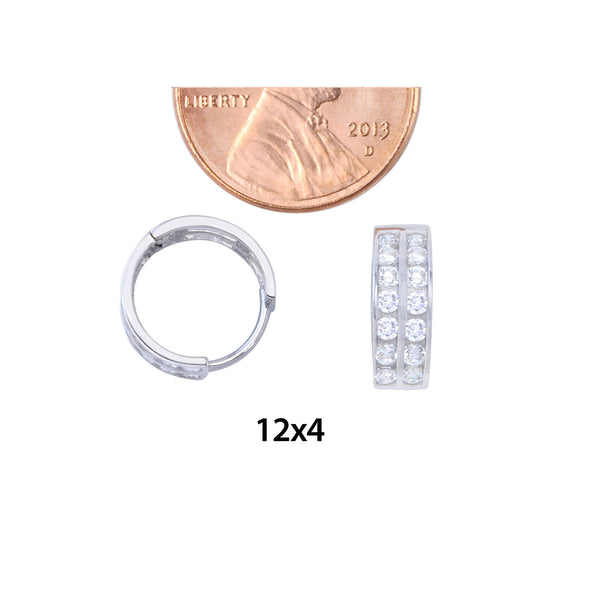 10k White Gold Small Huggie Hoop Earrings Two Row CZ Cubic Zirconia 12mm x 4mm - Jewelryland.com