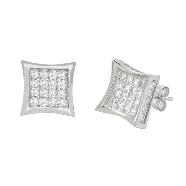 Sterling Silver Mens Stud Earrings Kite Shaped 3d Side Stones Clear Pave CZ 11mm - Jewelryland.com