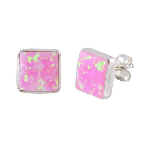 Pink Opal Gemstone Stud Earrings Sterling Silver 9mm Square - Jewelryland.com