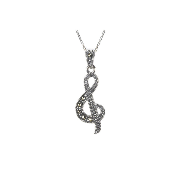 Music Note Marcasite Necklace 18" .925 Sterling Silver - Jewelryland.com