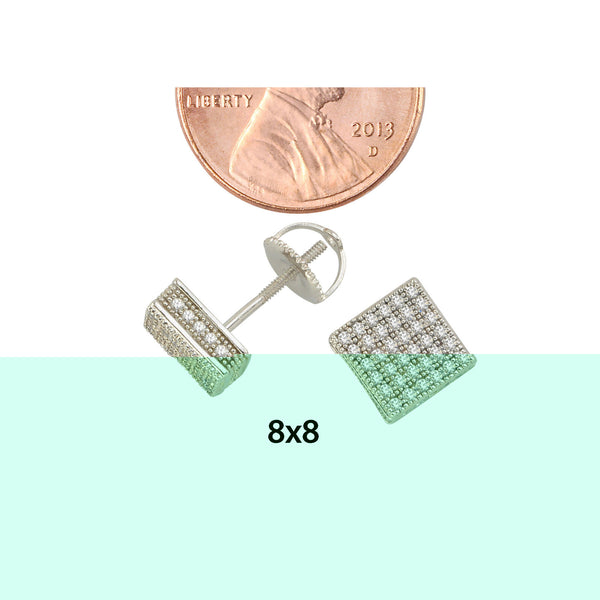 Sterling Silver Square Screw Back Stud Earrings 8mm Clear CZ 3d Side Stones - Jewelryland.com