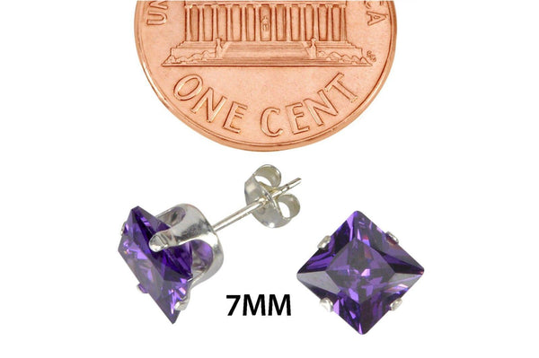 Sterling Silver Square Purple CZ Cubic Zironia Stud Earrings February Birthstone - Jewelryland.com