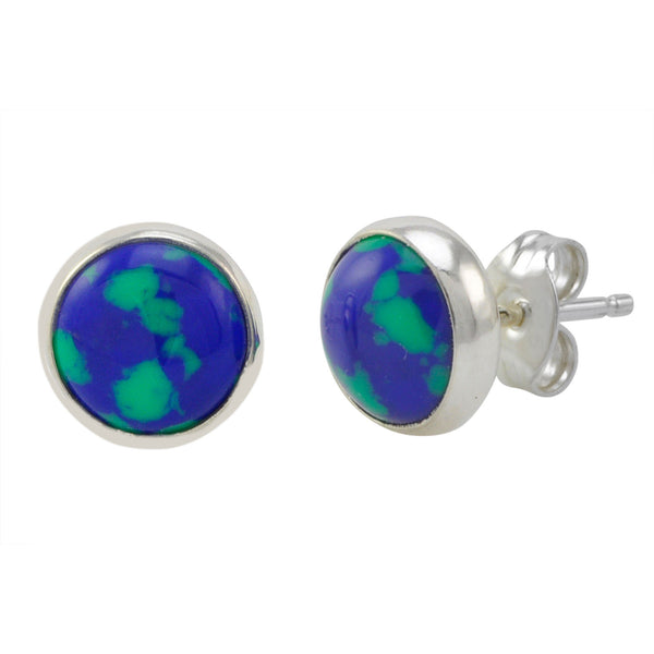 Sterling Silver Azurite Malachite Gemstone Earrings 9mm Round Studs - Jewelryland.com