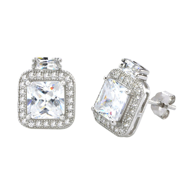 Sterling Silver Square Halo Cubic Zirconia Stud Earrings Micropave 12mm x 10mm - Jewelryland.com
