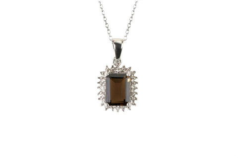 Sterling Silver 1.41ct Smoky Quartz and Diamond Necklace - Rectangle Gemstone - Jewelryland.com