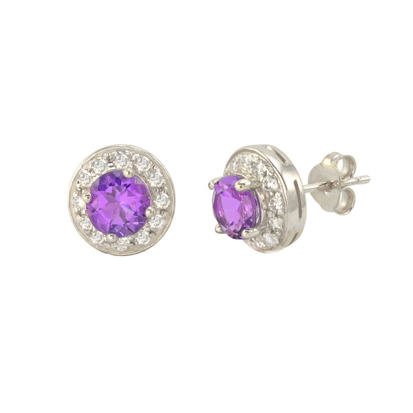 Amethyst Gemstone Stud Earrings 925 Sterling Silver Round Gem CZ Accent - Jewelryland.com
