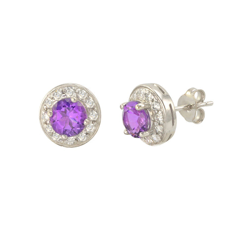 Amethyst Gemstone Stud Earrings 925 Sterling Silver Round Gem CZ Accent - Jewelryland.com