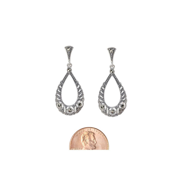 Marcasite Dangle Earrings .925 Sterling Silver Open Teardrop Design 34mm - Jewelryland.com