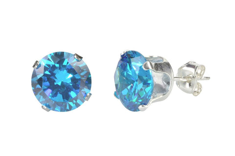 Sterling Silver Round Blue Topaz CZ Cubic Zirconia Stud Earrings