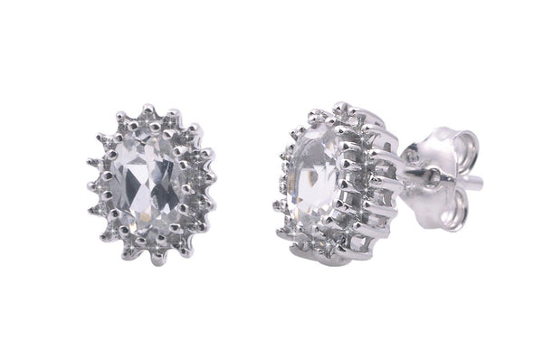Sterling Silver White Topaz & Diamond Stud Earrings Oval .03 ct, I-J, I2 - Jewelryland.com