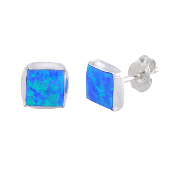Blue Green Opal Gemstone Studs 925 Sterling Silver Earrings 7mm Square - Jewelryland.com