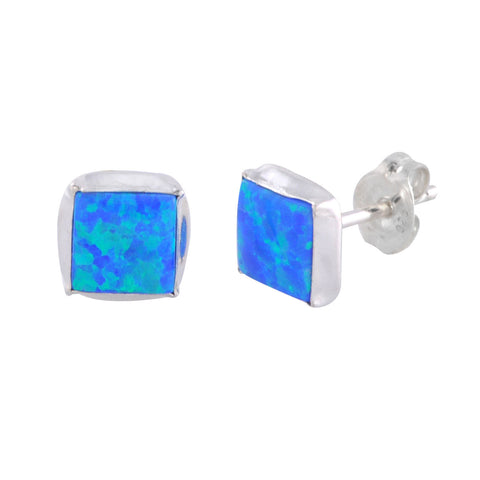 Blue Green Opal Gemstone Studs 925 Sterling Silver Earrings 7mm Square - Jewelryland.com