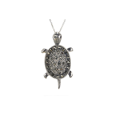 Turtle Marcasite Necklace 18" Chain .925 Sterling Silver - Jewelryland.com