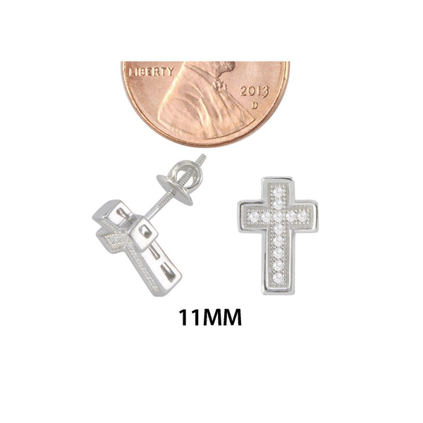 Cross Screwback Earrings Sterling Silver Pave CZ Cubic Zirconia 11mm - Jewelryland.com