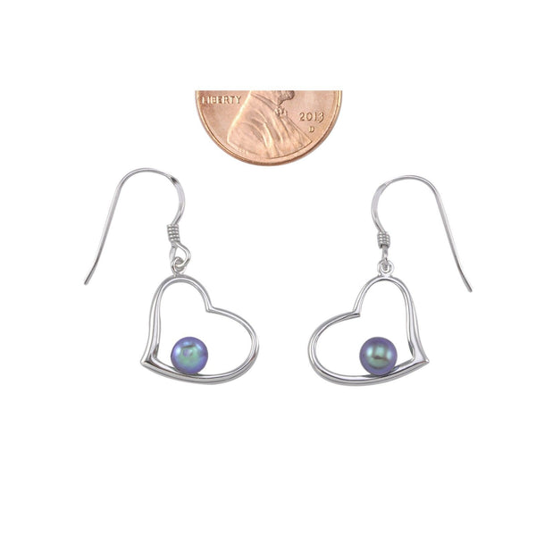 Sterling Silver Black Pearl Heart Earrings Silver Wire Hooks - Jewelryland.com