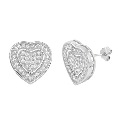 Sterling Silver Heart Stud Earrings Micropave CZ Heart on Heart Design 13mm - Jewelryland.com